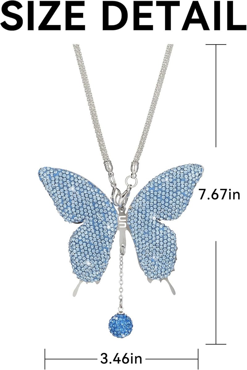 Couslcd Bling Butterfly Diamond Car Accessories, Crystal Car Rear View Mirror Charms for Women, Car Decoration Lucky Hanging Interior Crystal Ornament Pendant Decor for All Cars (Light Blue) - Image 2